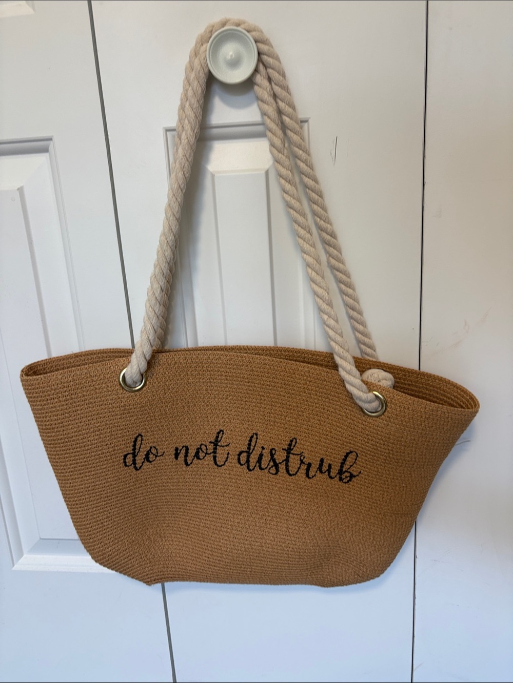 Do Not Disturb Tan Straw Tote with Rope Handles